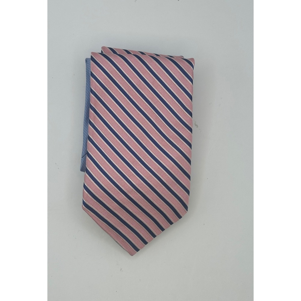 Tommy Hilfiger Mens Pink Navy Blue White Striped Silk Necktie Prep Classic